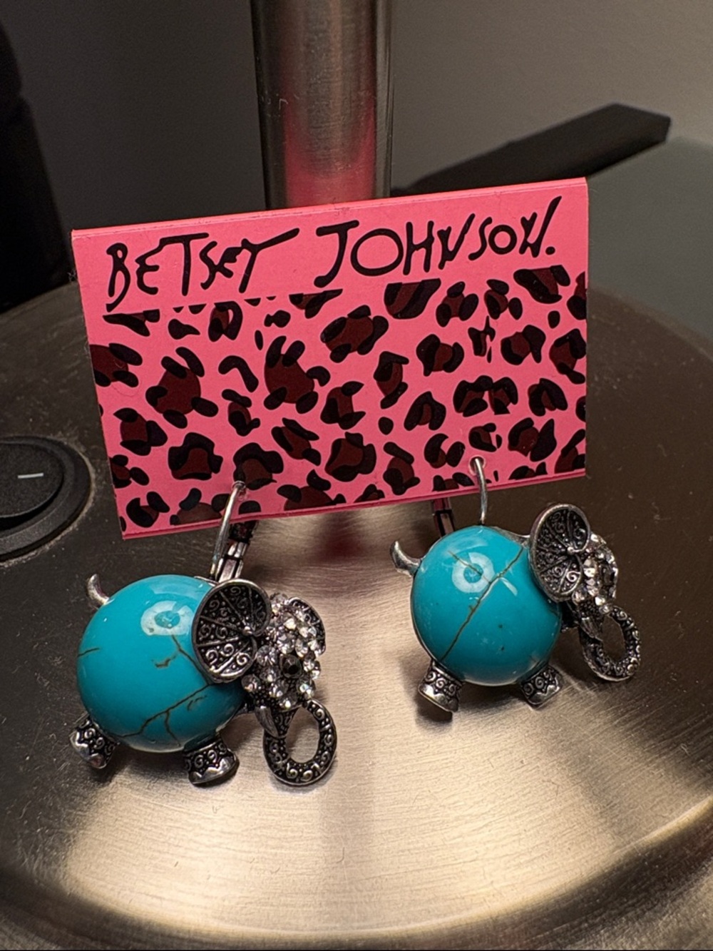 Betsey Johnson Turquoise Elephant Dangle Earrings with Silver Accents